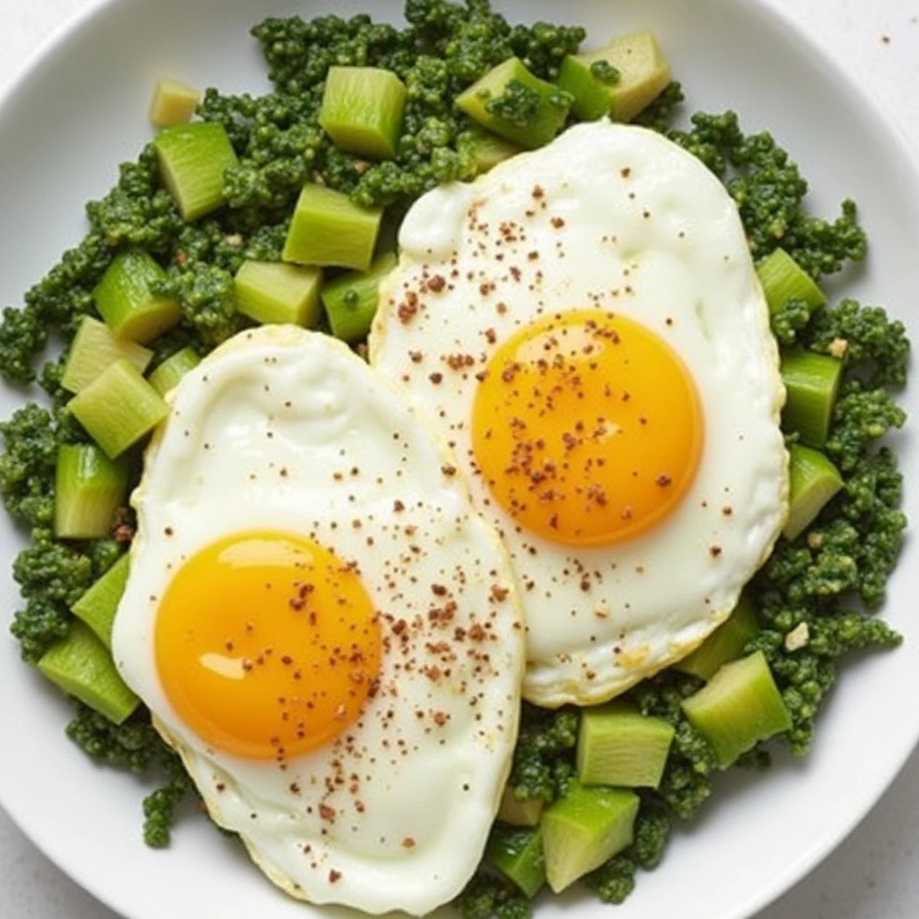 A plate of food featuring two sunny-side-up eggs seasoned with black pepper, served on a bed of green bitter melon vegetable recipes and grains.