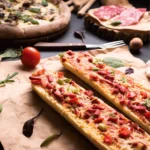 Cheesy pizza sticks with golden crust, served with a side of marinara dipping sauce.