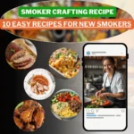 A promotional graphic for "Smoker Crafting Recipe: 10 Easy Recipes for New Smokers" featuring food images, a smiling chef preparing a meal, and an Instagram-like phone display.