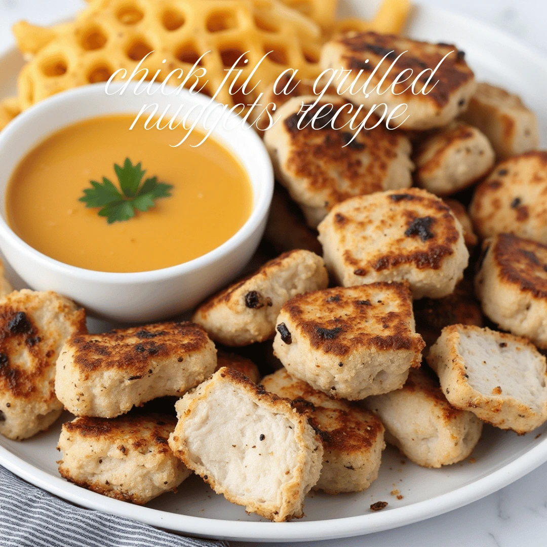Homemade Chick fil A grilled chicken nuggets served on a white plate with dipping sauce