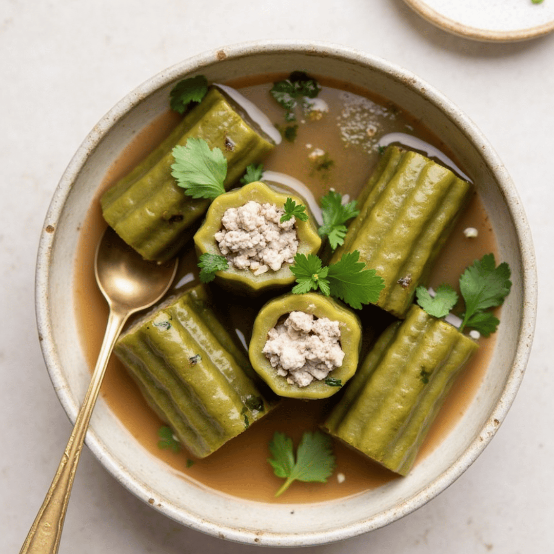 Vietnamese bitter melon soup with stuffed pork filling in a ceramic bowl, garnished with fresh cilantro and served with a spoon.