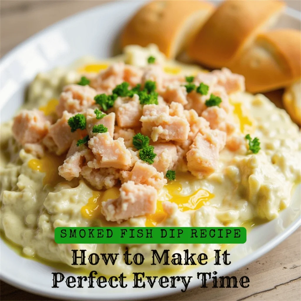 Bowl of creamy smoked fish dip recipe garnished with herbs and served with crackers