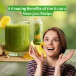 Excited woman with a healthy green smoothie and a whipped drink, highlighting the benefits of a natural Mounjaro recipe.