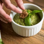 Homemade pesto recipe without pine nuts in a glass jar, surrounded by fresh basil, garlic, and parmesan.