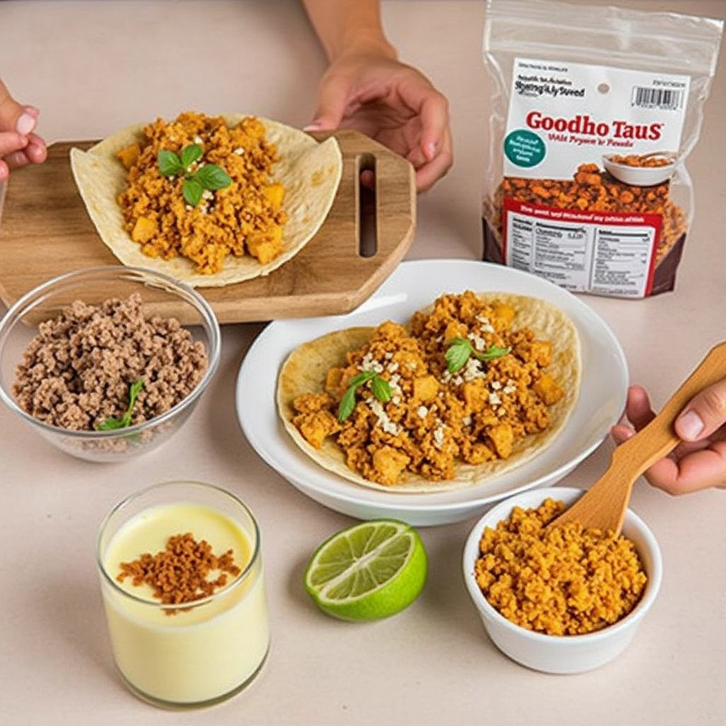 How to Make Perfect Tacos with Costco Taco Kit 6 A taco plate with Goodho Taus, ground beef, a lime, a drink, and a packet of Goodho Taus.