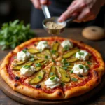 A unique pickle pie pizza topped with sliced pickles, melted cheese, and a golden-brown crust, served on a rustic wooden board.