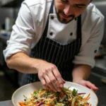 Chef garnishing a colorful crack slaw recipe dish in a professional kitchen.