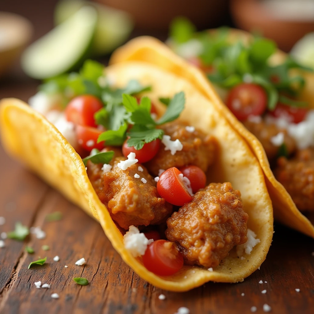How to Make Perfect Tacos with Costco Taco Kit 4 Close-up of chicken tacos with tomatoes, cilantro, and crumbled cheese in a soft tortilla.
