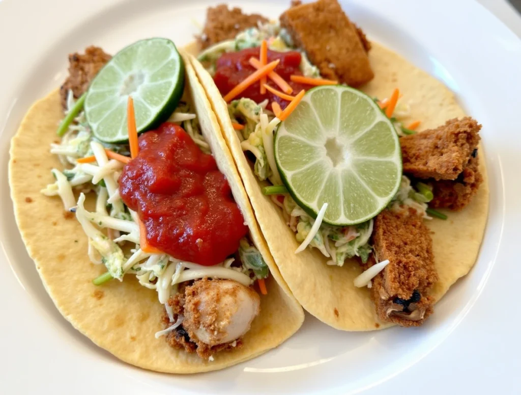 How to Make Perfect Tacos with Costco Taco Kit 2 Two chicken street tacos with a lime slice, coleslaw, and salsa on soft tortillas.