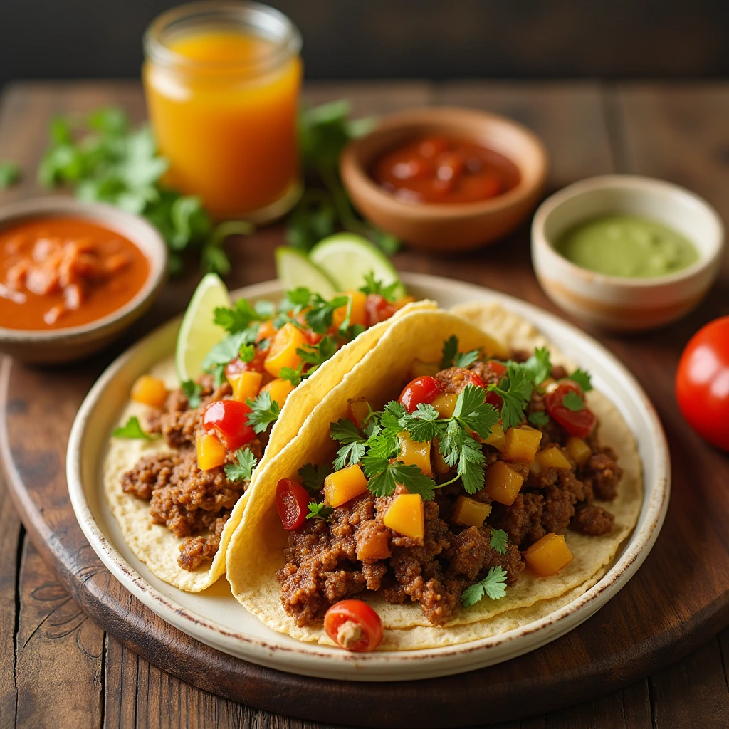 How to Make Perfect Tacos with Costco Taco Kit 7 Two tacos filled with seasoned ground beef, topped with diced tomatoes, mango, cilantro, and lime wedges, with sauces and a drink in the background.
