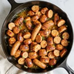 smoked chicken sausage recipe-sizzling on the grill with fresh herbs and vegetables.