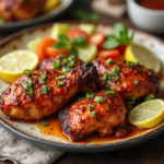 hawaiian bbq chicken recipe with pineapple glaze, served with rice and grilled vegetables.