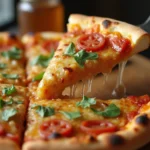 Close-up of a hot honey pizza with melted cheese, pepperoni, and a drizzle of spicy honey