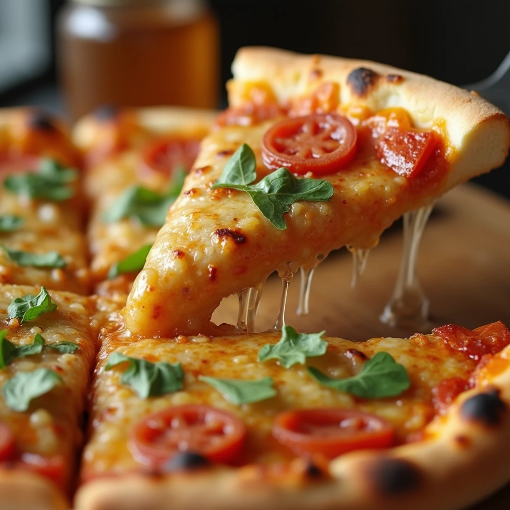 Close-up of a hot honey pizza with melted cheese, pepperoni, and a drizzle of spicy honey