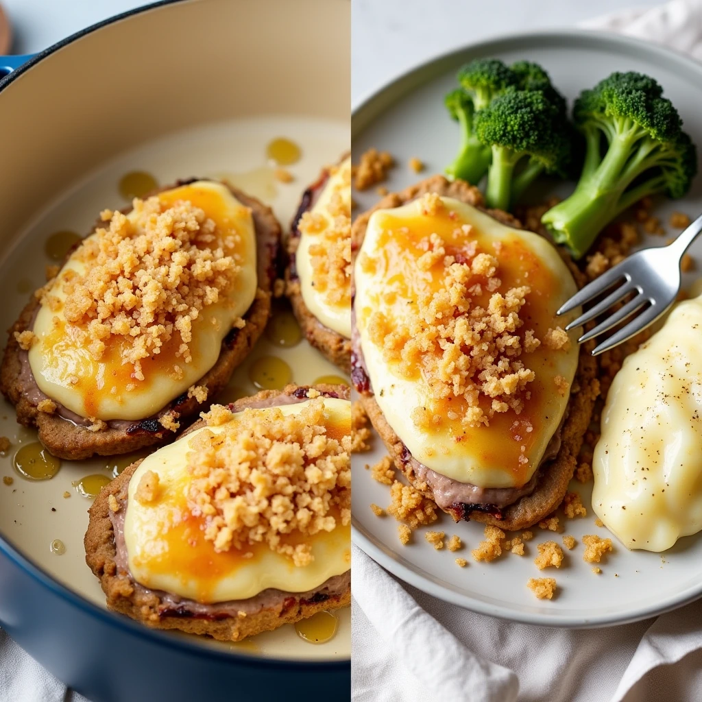 longhorn parmesan chicken recipe served with mashed potatoes and broccoli.