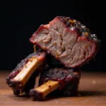 smoked beef short ribs recipe resting on a wooden cutting board, garnished with herbs