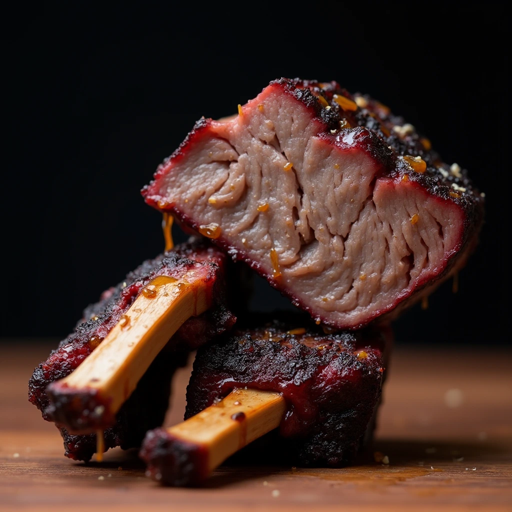 smoked beef short ribs recipe resting on a wooden cutting board, garnished with herbs