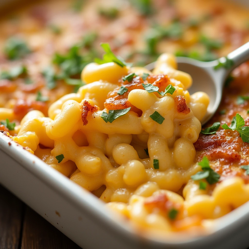 Smoked mac and cheese served in a creamy, cheesy dish with a smoky flavor