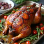 Whole smoked pheasant recipe with crispy golden skin, garnished with rosemary and cherry tomatoes