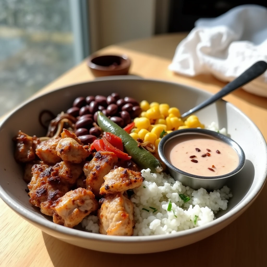 chipotle chicken bowl recipe with grilled chicken, rice, black beans, corn, and fresh avocado