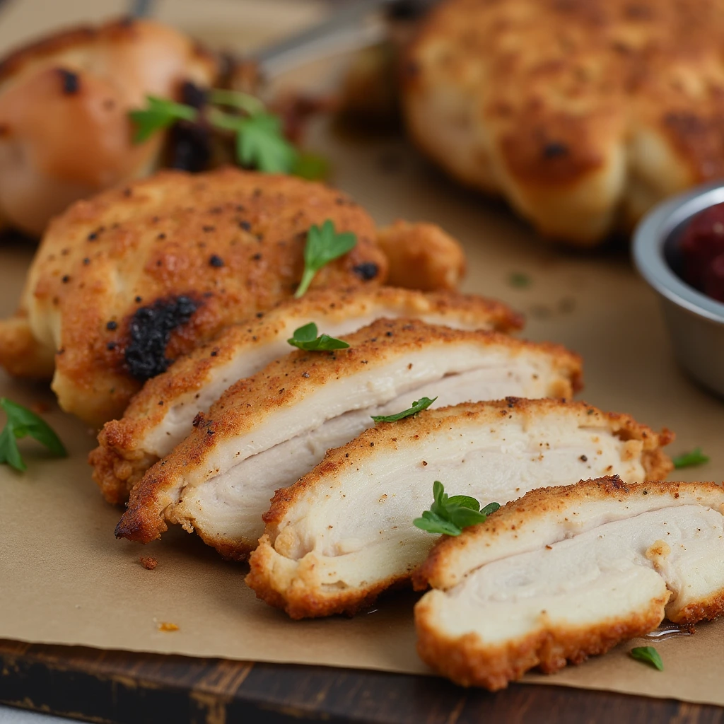 Grilled chipotle chicken recipe breasts garnished with fresh cilantro and lime wedges on a rustic wooden plate