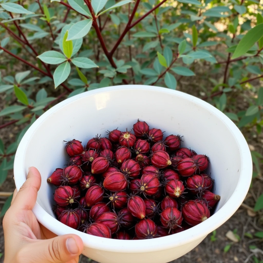 Rosella fruit with vibrant red calyces on a rustic wooden table.