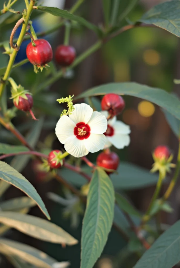 Best Rosella fruit Drink Recipes You Need to Try Now 2 Rosella plant with deep red fruit pods and a cream-colored flower with a red center.