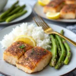 smoked halibut recipe fillets on a plate with garnishes and a side of lemon slices.